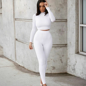 Autumn Winter Women Sport Fitness 2 Two Piece Set Outfits Long Sleeve Solid Crop Tops Leggings Pants Set Bodycon Tracksuit