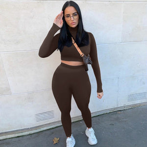 Autumn Winter Women Sport Fitness 2 Two Piece Set Outfits Long Sleeve Solid Crop Tops Leggings Pants Set Bodycon Tracksuit