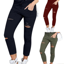 Load image into Gallery viewer, Plus Size Solid Color Drawstring High Waist Pencil Pants Ripped Skinny Leggings Elastic Sexy Skinny Thin-Section Pants For Women