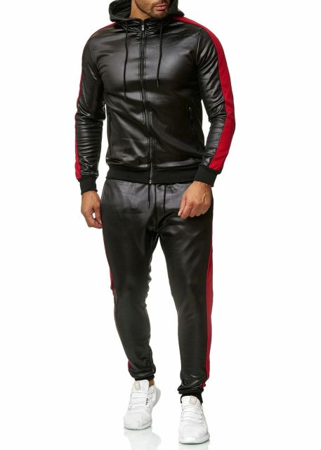 ZOGAA Men&PU Leather Hoodies Set 2 Piece Casual Sweatsuit Hooded Jacket and Pants Jogging Suit Tracksuits