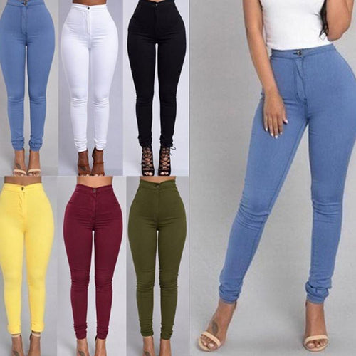 Women Fashion Plain Color Skinny Jeans Zipper Trousers Casual High Waist Tights Leggings Stretch Push Up Slim Pencil Feet Pants