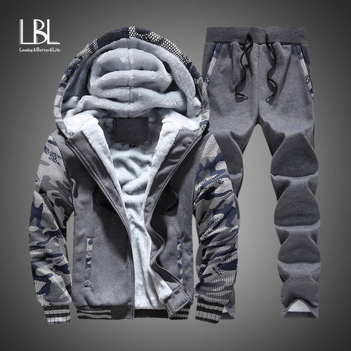 Tracksuits Men Set Fleece Hoodies+Pants Suit Zipper Hooded Sweatshirt