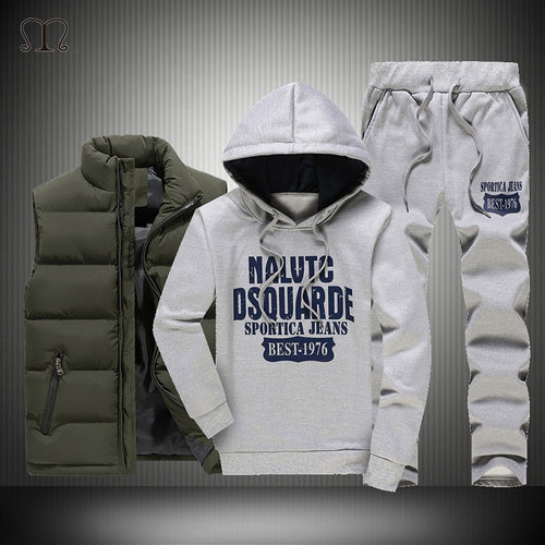 Winter Thick Warm Tracksuit Men 3 Piece Hooded Hoodies +Vest+Pant